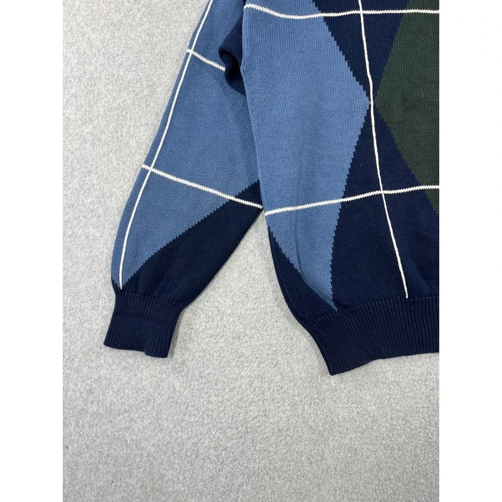 Vintage Nautica Sweater Mens L Blue Geometric Argyle White Windowpane 90s Crew